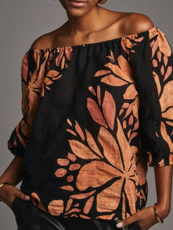 Anthropologie Off Shoulder Blouse with Black And Rust Floral Print - Picture 2 of 9